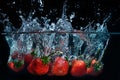 fresh strawberry dropped into water with splash on black backgrounds Royalty Free Stock Photo