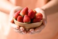 Fresh strawberry fruit in wooden bowl holding by woman hand Royalty Free Stock Photo