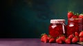 Fresh Strawberry jam in a glass jar with Strawberries on dark background. Homemade Strawberry Marmalade. Horizontal banner poster