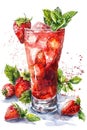 Fresh Strawberry Mint Cocktail Watercolor Illustration Royalty Free Stock Photo