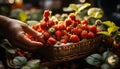 Fresh strawberry, organic and ripe, held in hand outdoors generated by AI