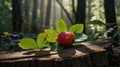 Sunlight Dappled Strawberry on Forest Stump, Fresh Red Berry in Nature Royalty Free Stock Photo