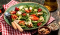 Fresh strawberry salad with arugula, chicken, avocado and strawberries. Plate with a keto diet food. Top view, Food recipe Royalty Free Stock Photo
