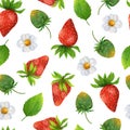 Fresh strawberry seamless watercolor pattern. Red sweet berry, unripe green fruit, leaves, blooming flower Royalty Free Stock Photo