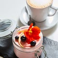 Fresh strawberry yoghurt dessert in glass, selective focus Royalty Free Stock Photo