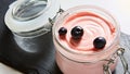 Fresh strawberry yoghurt dessert in glass, selective focus Royalty Free Stock Photo