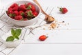 Fresh strwberries and yogurt on the white table close-up Royalty Free Stock Photo