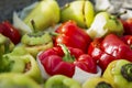 Fresh stuffed peppers in a cauldron on the street. Traditional autumn dish of Russian cuisine. Picnic in nature. Close-up Royalty Free Stock Photo