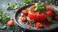 Fresh stuffed tomato on plate with herbs and spices Royalty Free Stock Photo