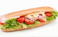 Fresh sub sandwich with ham, cheese, lettuce and tomato, cut out on white background Royalty Free Stock Photo