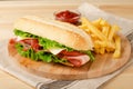 Fresh submarine sandwich with ham, cheese, bacon, tomatoes and Royalty Free Stock Photo