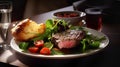 Grilled Top Sirloin Steak with Fresh Vegetables on the Flame Grill - Generative AI.- Generative AI