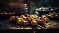 Backlit Vegetable and Steak Kebab on the Flame Grill - Generative AI Royalty Free Stock Photo