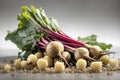 Fresh sugar white beet with stems, isolated on white background. Studio Photo