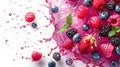 Fresh summer berries and compote splash close up. Strawberry, blackberry, black currant, raspberry Royalty Free Stock Photo