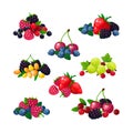 Fresh summer berries. Piles of raspberry currant strawberry gooseberry blackberry cranberry blueberry cartoon vector set