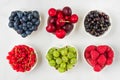 Fresh summer berries raspberry, cherry, blueberry, red currant, black currant and gooseberry on white background Royalty Free Stock Photo