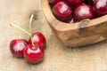 Fresh Summer cherries in wooden bowl