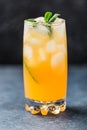 Fresh summer cocktail with orange juice and ice cubes. Glass of orange soda drink on dark background