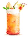 Fresh summer cocktail with pineapple, orange, cherry and straw.