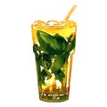 Fresh summer cold cocktail, homemade orange lemonade with mint and ice cubes in glass, mojito drink, isolated, hand