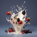 Fresh summer fruits and berries flying over the splashing milk on blue background. Milkshake levitation Royalty Free Stock Photo