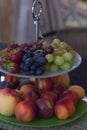 Fresh summer fruits. Organic and natural fruit on tray. Fresh grapes, cheaches, plums and strawberry. Healthy eating. Royalty Free Stock Photo