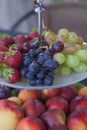 Fresh summer fruits. Organic and natural fruit on tray. Fresh grapes, cheaches, plums and strawberry. Healthy eating. Royalty Free Stock Photo