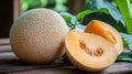 Fresh summer melon with green leaves on rustic wooden table Royalty Free Stock Photo