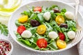 Fresh summer salad with arugula, yellow and red cherry tomatoes, Kalamata olives and mozzarella Royalty Free Stock Photo