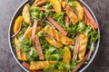 Fresh summer salad of grilled chicken, rhubarb, lettuce, onions and oranges close-up on a plate. horizontal top view