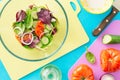 Fresh summer salad with ingredients cooking salad. Healthy food Royalty Free Stock Photo