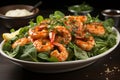 Fresh summer salad with shrimp, avocado and tomato cherry in bowl on sunlit table. Concept of healthy eating