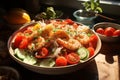 Fresh summer salad with shrimp, avocado and tomato cherry in bowl on sunlit table. Concept of healthy eating