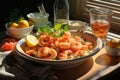 Fresh summer salad with shrimp, avocado and tomato cherry in bowl on sunlit table. Concept of healthy eating