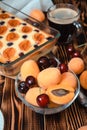 Fresh summer seasonal berries: apricot and cherry - ingredients for a pie Royalty Free Stock Photo