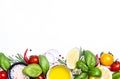 Fresh summer spicy herbs and spices for mediterranean diet. Banner. Tomato, green basil, olive oil, garlic and other. Vegan