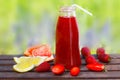 Fresh summer strawberry juice in a botlle and ripe berries and citrus fruit Royalty Free Stock Photo