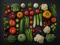Fresh summer vegetables flatlay on green background. Knolling. Tomatoes, radish, onion, pumpkin, cauliflower, beans, parsley,