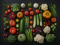 Fresh summer vegetables flatlay on green background. Knolling. Tomatoes, radish, onion, pumpkin, cauliflower, beans, parsley, Royalty Free Stock Photo