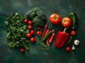 Fresh summer vegetables flatlay on green background. Tomatoes, parsley, broccoli, pepper, squash, zucchini, cucumber, thyme, Royalty Free Stock Photo