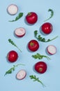 Fresh summer vegetables - radish and arugula with shadow on blue background, top view.