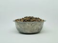 fresh sunflower seeds  white background, sunflower seeds in metal bowl Royalty Free Stock Photo