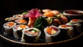 Fresh sushi platter with eel, tuna, prawn generated by AI Royalty Free Stock Photo