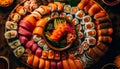 Fresh sushi platter seafood, rice, and veggies generated by AI Royalty Free Stock Photo