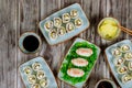 Fresh sushi roll for fan of football game. American football game concept. Asian cuisine