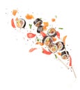 Fresh sushi rolls with chopsticks frozen in the air, image in high resolution on a white background Royalty Free Stock Photo