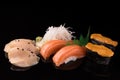 Fresh Sushi set. Sushi and sashimi served on a black reflective surface. Isolated on a black. Royalty Free Stock Photo