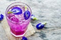 Fresh sweet butterfly pea juice with ice in glass Royalty Free Stock Photo