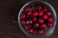 Fresh sweet cherries in bowl on dark background, top view Royalty Free Stock Photo